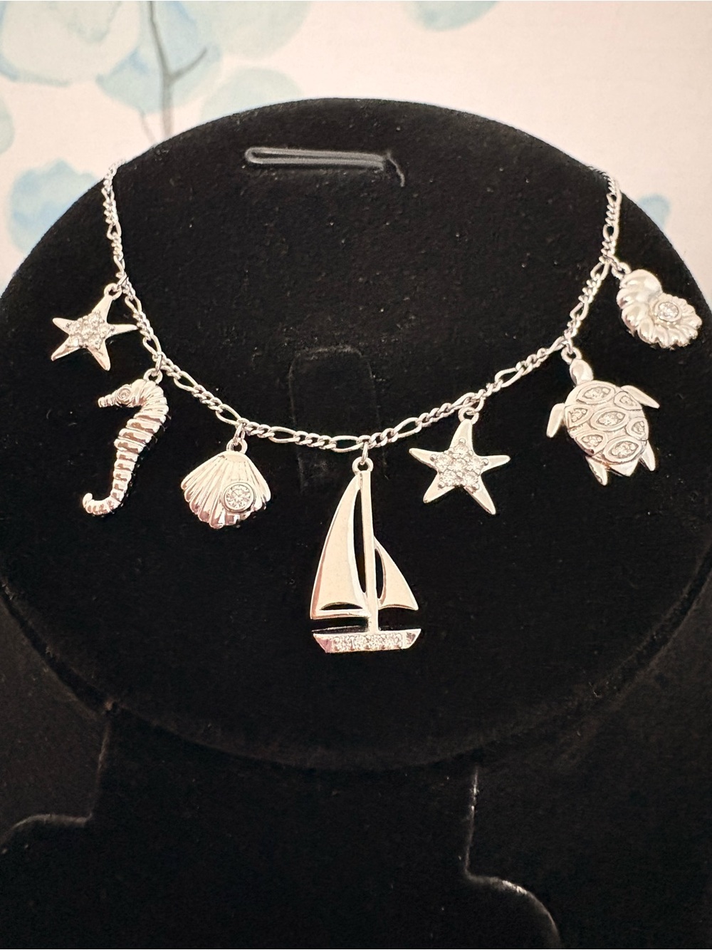 Sterling Silver Nautical Ocean Themed Figaro Charm Bracelet Anklet 7.5”